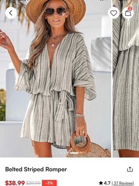 Cupshe Gray Striped Belted Romper Swim Coverup